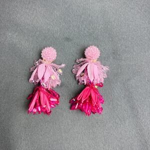 Oscar de la Renta Pink Beaded Flower Clip-On Earrings
